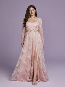 MGIACY Robe Maxi Grande Taille Rose à Dentelle Florale, Encolure Cœur, Manches Longues, Fente Haute en Tulle, Robe d'Été Élégante pour Femmes pour Mariage, Fête & Festival - Rose bonbon - Voir 4