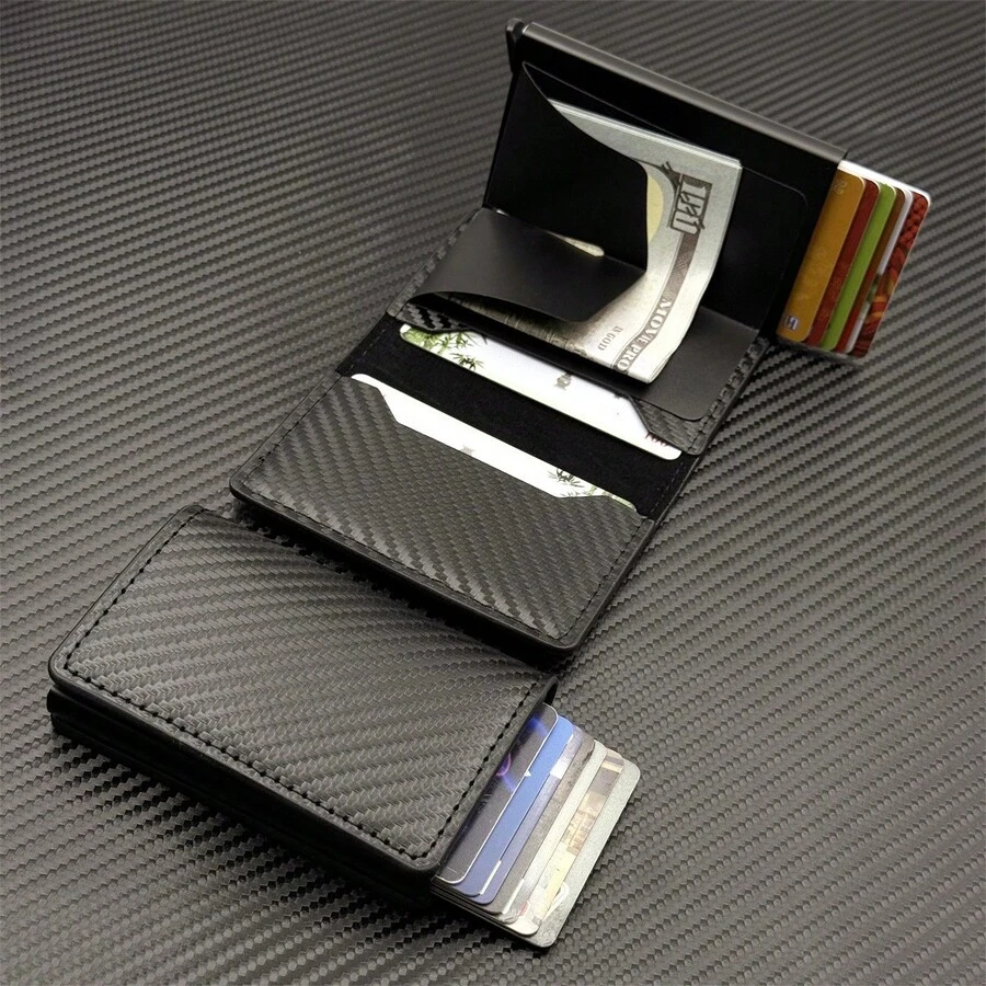 Men's Minimalist Carbon Fiber Wallet, RFID Blocking, Automatic Pop-Up Aluminum Alloy Card Holder, Ultra-Thin Metal Business Credit Card Case, Gift For Men, Father's Day/Mother's Day Gift