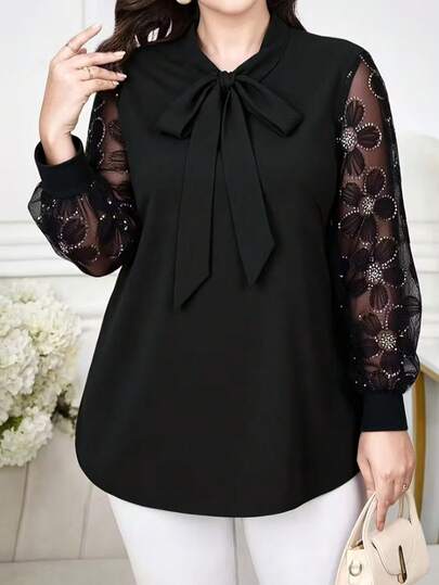 Plus Size Black Bow Collar, Beaded Embroidery, Sheer Floral Long Sleeve Elegant Woven Blouse For Women