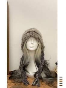 1pc Cute Fluffy Colorful Knitted Beanie Hat For Women, Solid Color Witch Knit Bucket Hat With Pom Pom, Braided Trapper Earflap Hat, Versatile Handmade Knit Bucket Hat With Tie - Multicolor - View 3