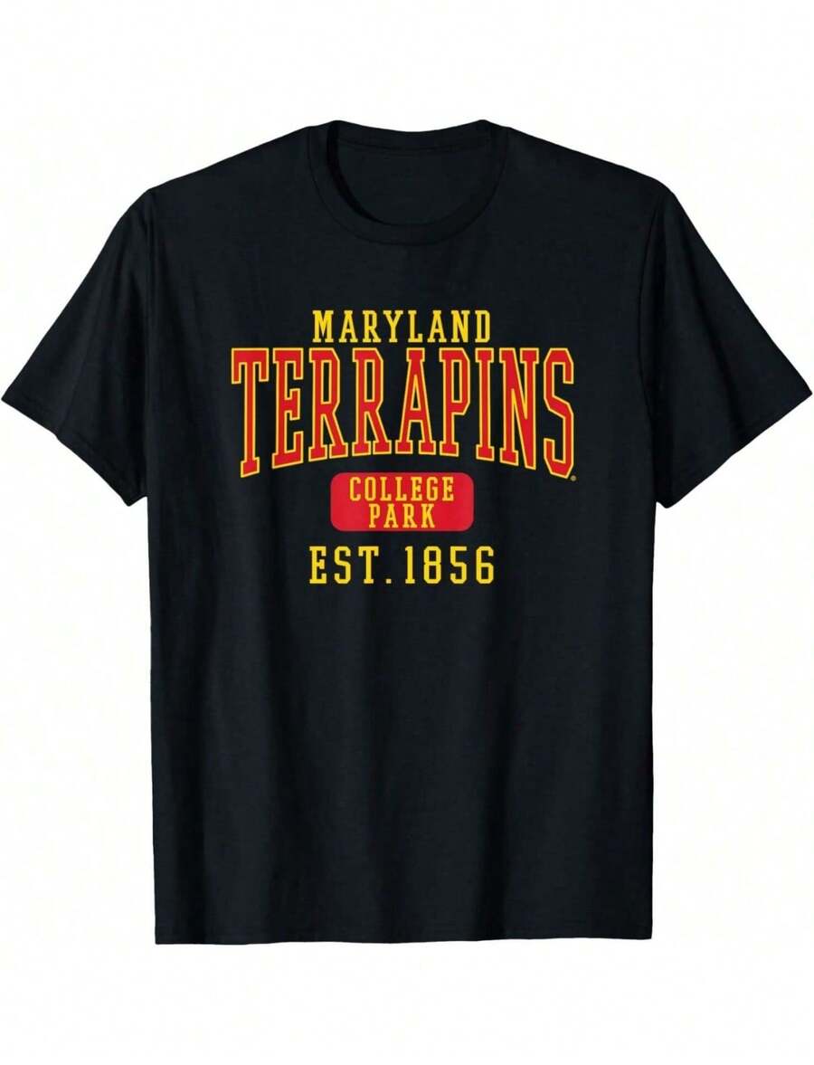 Casual Regular Length Round Neck Short Sleeve T-Shirt For Women With Maryland Terrapins College Park Est 1856 Graphic Print - màu đen - Xem 1