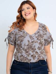 Women's Plus Size Leopard Print 3/4 Sleeve Blouse - 米色 - 查看 6