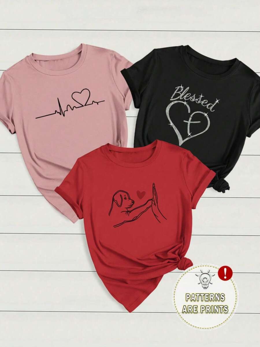 Set 3 Camisetas Manga Corta Cuello Redondo Estampado Corazón Latido Blessd Perrito  Mujer - multicolor1 - Ver 1