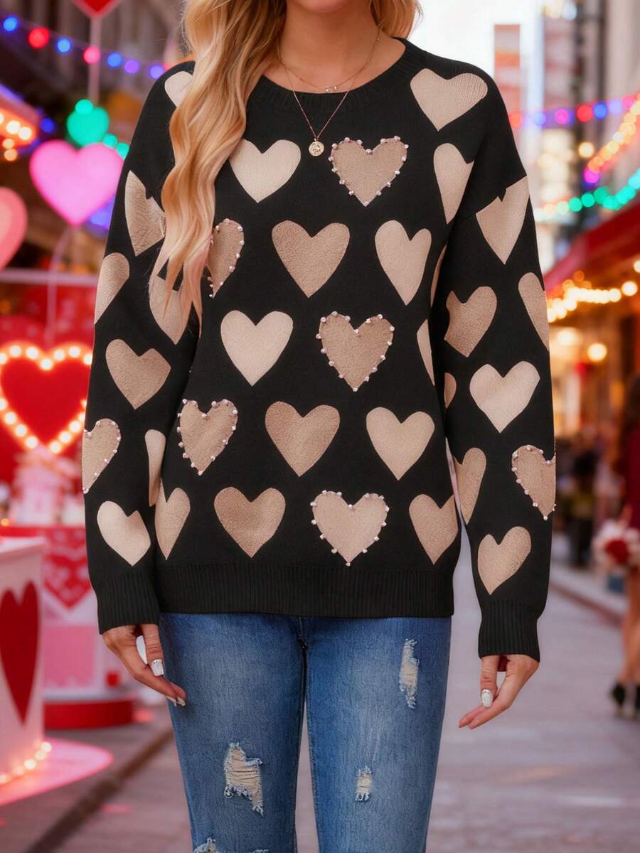 Women's Valentine's Day Knit Sweater Long Sleeve O Neck Peart Heart Print Knitwear, Suitable For Daily Wear, Comfortable Fabric And Beauty - Black - View 1
