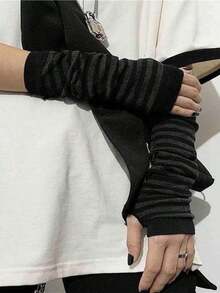 1pair Japanese Style Ins Harajuku Striped Dark Jk Fingerless Gloves, Sun Protection Arm Sleeves For Students, Cold Gloves - Màu Xám nhạt - Xem 3