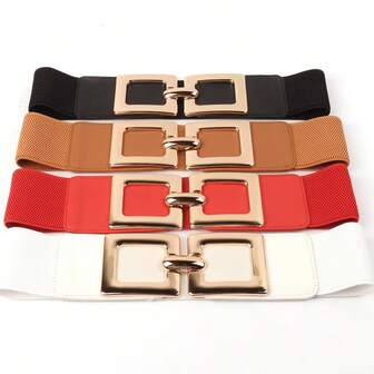 1pc Women's Elastic Waist Belt, Fashion Dress Waist Belt With Vintage Large Metal Buckle, Stretchy Waist Cincher Suitable For Various Outfits