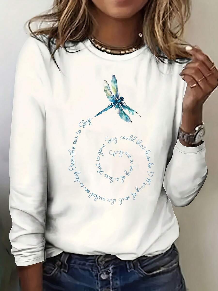 Women'S Casual Long Sleeve Crew Neck T-Shirt With Vibrant Dragonfly Print & Inspirational Quote - Soft Polyester, Relaxed Fit For Spring & Fall, Dragonfly Shirtgraphic Tee Long Sleeve Tops Women 416 - 白色 - 查看 1