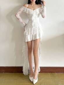 优雅纯色蕾丝高腰荷叶边露肩吊带连衣裙