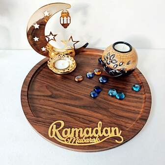 1pc Round Wooden Ramadan Tray, "Ramadan Mubarak" Gold Acrylic Text, Ramadan Style, Marble Pattern, Middle Eastern Arabic Design, Middle Eastern Holiday Party Decor Tray, Home Decor. Islamic Pattern. Desktop Organizer Tray, Nuts Candy Chocolate Storage Tray.