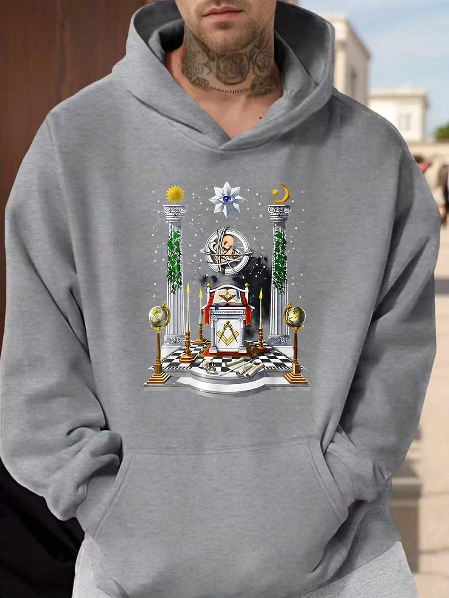 Grey Hoodie With Masonic Temple Print And Esoteric Symbols For Men And Women, Ideal For Everyday Wear And Themed Events - 灰色 - 查看 1