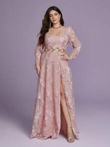 MGIACY Robe Maxi Grande Taille Rose à Dentelle Florale, Encolure Cœur, Manches Longues, Fente Haute en Tulle, Robe d'Été Élégante pour Femmes pour Mariage, Fête & Festival - Rose bonbon - Voir 3