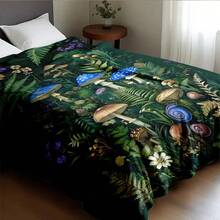 1 Piece Magic Forest Mushroom Fern And Snail Print Flannel Blanket - Soft Green Leaves With Blue/White, Hat With Purple Violets - Lightweight All-Season Bedspread, Suitable For Camping, Travel, Bohemian Decoration - 彩色 - 查看 11