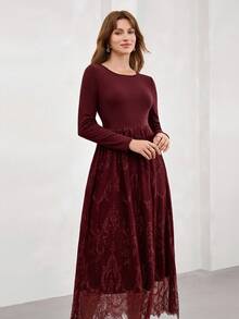 SHEIN Clasi Women's Round Neck Long Sleeve Contrast Lace Hem Elegant Dress - Burgundy - View 7