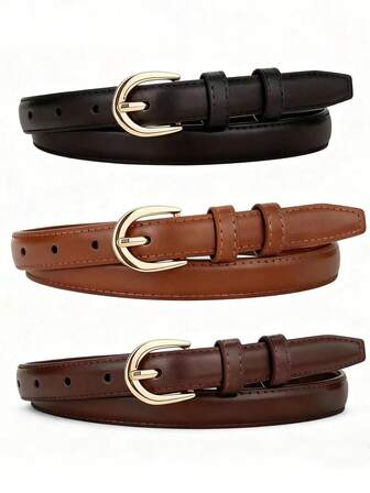 3pcs Ladies' Solid Color Casual Needle Buckle Fashion Belts, Versatile Thin Waist Cinching Belts For Skirts, Pants, Suitable For Any Occasion