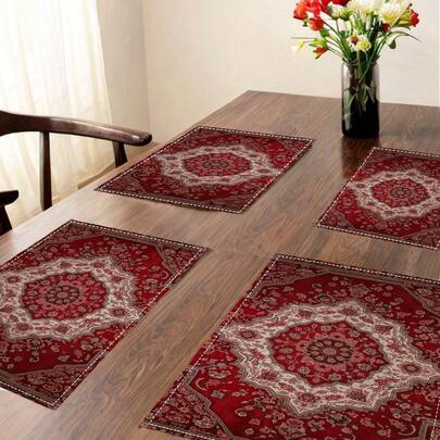 4pcs Bohemian Style Placemats, Traditional Floral Moroccan Vintage Geometric Pattern, Suitable For Home Living Room, Dining Room, Cafe Decor