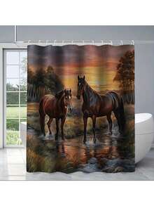 Juego de 1/4 piezas de cortina de ducha con patrón creativo de caballo bebiendo agua al atardecer, que incluye alfombra antideslizante, tapete de inodoro, alfombra de baño, cortina de ducha opaca y 12 ganchos resistentes, decoración y accesorios de baño de alta calidad, adecuados para todos los estilos de decoración del hogar - Multicolor - Ver 20