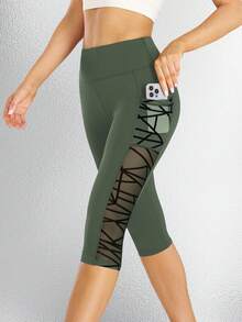 高腰橄榄绿紧身裤，网眼拼接设计，女士健身紧身裤，带安全手机口袋，时尚中长瑜伽裤 - 軍綠色 - 查看 2