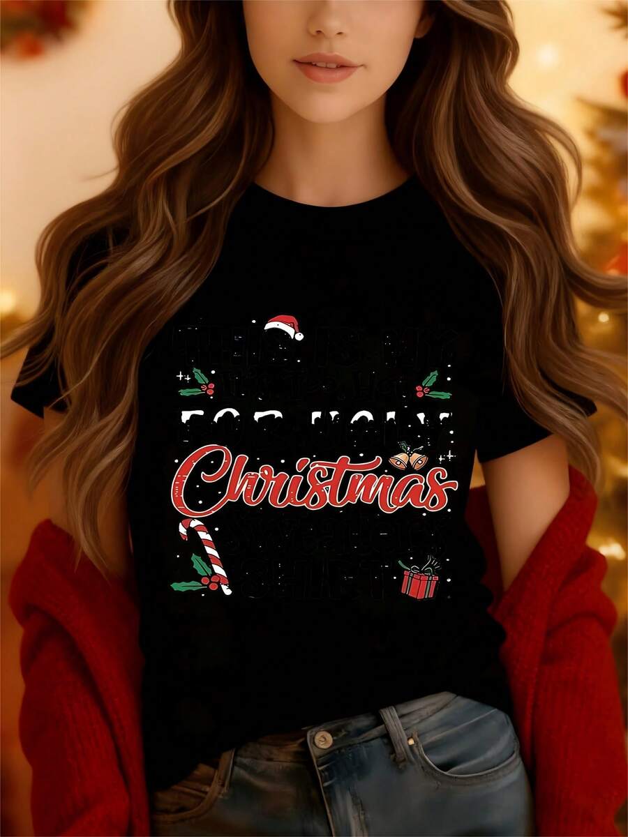 Women's T-Shirts, Simple And Romantic Digital Prints For Spring, Autumn, And Winter, Suitable For Parties, Team Building, Men And Women, Everyday Wear, Casual Wear, Sportswear, Vacation Wear, Christmas Decorations, And Halloween Gifts. - 黑色 - 查看 1