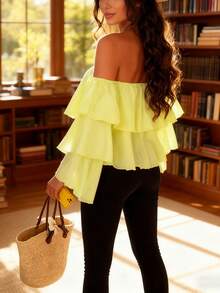 Women's Casual Elegant Yellow Ruffle Flare Sleeve Pleated Sheer Chiffon Romantic Date Party Fashionable Comfortable Versatile Loose Long Sleeve Blouse, Spring/Summer - Yellow - View 4