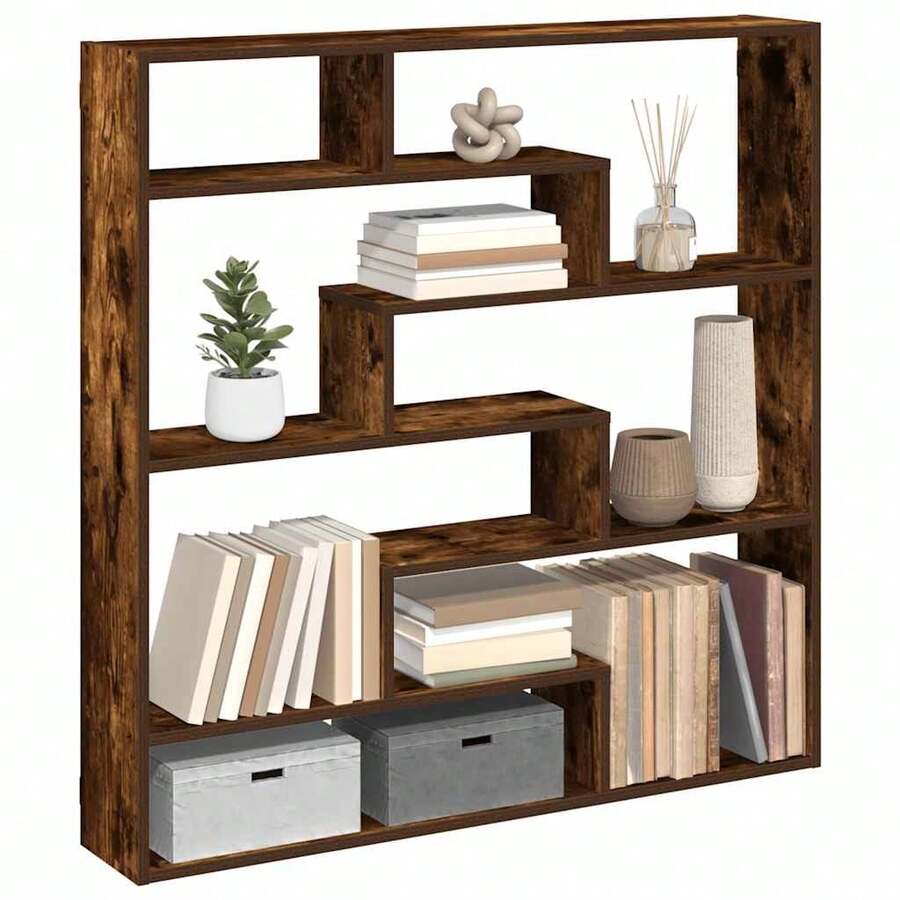 Estantería de pared vidaXL con 7 compartimentos fabricada en madera de roble ahumado. - Multicolor - Ver 1