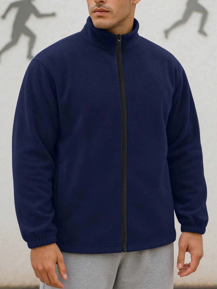 男士抓绒拉链立领夹克 - 多功能外套，适合滑雪、徒步、露营和日常寒冷天气通勤，冬季适用，滑雪 - 藏蓝色 - 查看 1