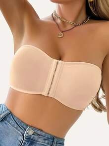 Women's Front Closure Strapless Bralette, Solid Color Seameless Wire-With Removable Pads Soft Breath Comfort Fit Non Slip Four Season Series Lingerie And Underwear - 杏色 - 查看 6