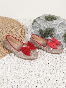 1 Pair Girls' Red Bow Decor Slip-On Flat Princess Shoes, Suitable For All Seasons - Red - View 4