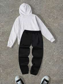 青少年帅气字母印花长袖加厚抽绳连帽衫和运动裤休闲两件套，抓绒材质，带帽卫衣，青少年男孩礼物 - 灰色 - 查看 3