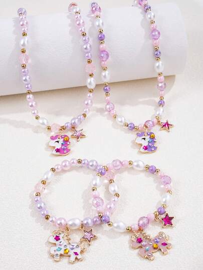 2pcs/Set Colorful Beaded Rhinestone Unicorn Pendant Necklace & Bracelet Jewelry Set, Gift For Girls