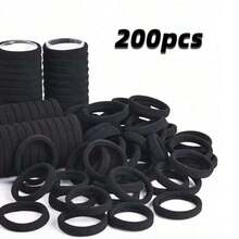[200 Pieces] Large Black Hair Tie, Suitable For Thick Seamless Hair Tie For Women And Girls, Elastic Ponytail Fixator, Suitable For Non-Destructive Hair Tie For Thick Curly Hair. Very Suitable For Daily Wear, Sports And Fitness, Leisure Gatherings, Ponytail Holders, Hair Elastics, Hair Rubber Bands, Hair Rope, Hair AccessoriesCasual    Polyester - 200個-黑色 - 查看 2