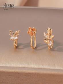 Hihho 3 件/套 流行水钻叶子和心形装饰鼻套 铜色 简约时尚 适合女士和女孩 情人节