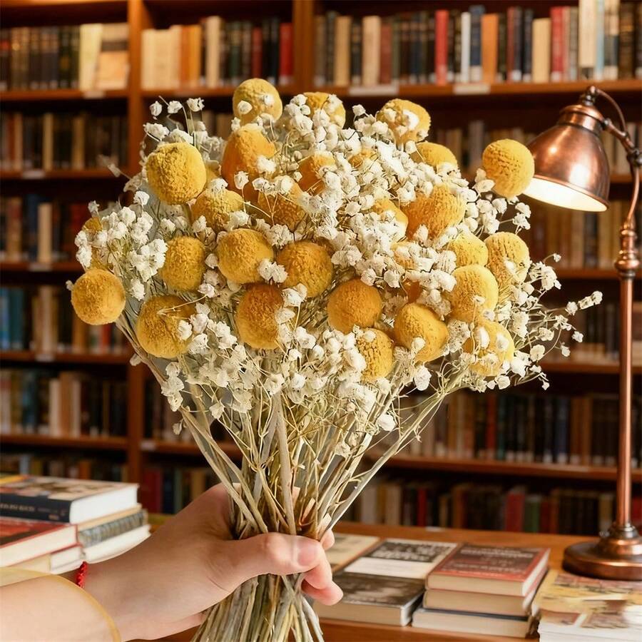 Ramo de flores secas, Craspedia real seca, flores de aliento de bebé para florero, centro de mesa, sala de estar, decoración del hogar - Amarillo - Ver 1