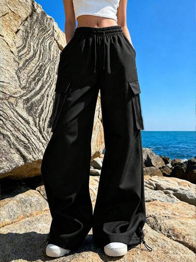 女士户外工装裤，直筒休闲长裤，复古高腰抽绳百搭长裤，裤脚可调节，适合户外穿着