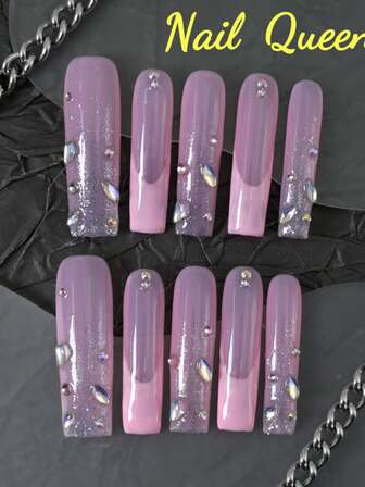 CrystalHola 10片/套圣诞手工法式美甲贴纸，粉色透明法式美甲贴片，饰有闪亮水钻和亮片，全覆盖设计，可重复使用，持久耐用，是美甲派对和婚礼礼物的完美之选。套装包含指甲锉和指甲胶水。