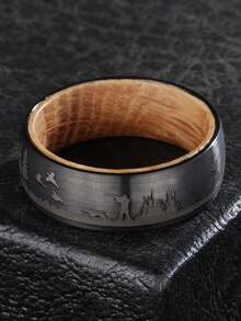 1pc 8mm-Wide Tungsten Carbide Trees Forest Hunting Dear Lasered Silver Black Whiskey Barrel Wood Ring For Wedding,Exquisite Men's Accessory Jewelry Ornament For Daily Wear For Banquet Party Holiday Birthday Anniversary Gift