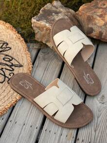 女士时尚PU皮革交叉绑带拖鞋，优雅棕色、米色、黑色，适合居家、派对、海滩、夏季穿着