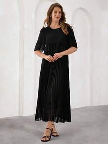 SHEIN Clasi 女士纯色圆领短袖褶皱宽松优雅连衣裙 - 黑色 - 查看 6