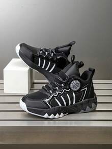 1 par de zapatillas de baloncesto para niños, zapatos deportivos para exteriores, zapatos casuales, nuevos zapatos de moda cómodos y transpirables con bloques de color para niños - Gris - Ver 5