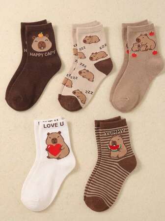 5 Pairs Random Colors Funny Capybara Socks For Children Unisex Mid-Calf Animal Socks Comfortable School & Play Socks Great For Halloween Costume, Christmas Gift, Back To School Toddler To Big Kids Sizes
