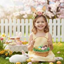 Diadema de Pascua con flores y orejas de conejo, accesorios para el cabello de Pascua para niñas, decoraciones para fiestas, lindo diseño de orejas de conejo y flores pastel, tela suave, ideal para la búsqueda de huevos de Pascua, disfraces de fiesta y accesorios para el cabello del Festival de Primavera. - Caqui - Ver 2