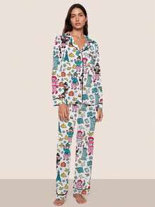 Women's Fall Winter Pajama Set, Fun Monkey Print, Button Front Long Sleeve Top, Elastic Waist Pants, Soft Stretch Fabric - trắng - Xem 1