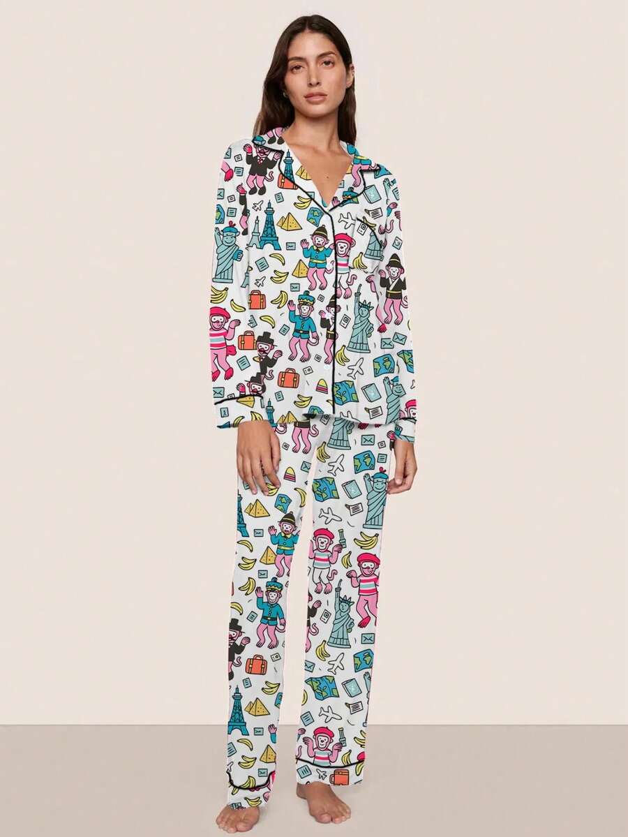 Women's Fall Winter Pajama Set, Fun Monkey Print, Button Front Long Sleeve Top, Elastic Waist Pants, Soft Stretch Fabric - trắng - Xem 1
