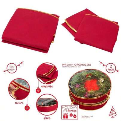 Set of Two, Garage and Attic Storage 2 Pack 30 inch Wreath Bag, Full Zip Around, Carry Handle, Holiday Garland Organization, Space Saving, See Through Easy Viewing, Red, 2 Count
