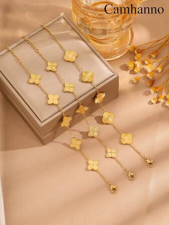 Camhanno Juego de joyería dorada de 3/1 pieza, pulsera de acero inoxidable de estilo exquisito y elegante con diseño de pétalos que te hará lucir encantadora en fiestas y reuniones