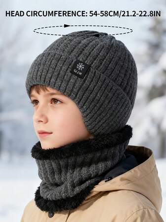 סט אחד של כובע וצעיף סריג לסתיו וחורף לנוער - בטנת פליז, חמימות, לבוש יומיומי חמוד, עיצוב סריג מצלעות