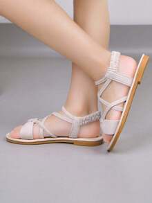 Kids Open Toe Sandals, Girls Roman Shoes, Toddler Soft Bottom Non-Slip Shoes, Flat Girls Sandals, Comfortable & Fashionable - Beige - View 3