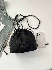 时尚水桶包 女士尼龙布菱格纹刺绣线女包 轻便休闲抽绳水桶包 粗绳单肩斜挎包 日式包 - 黑色 - 查看 9