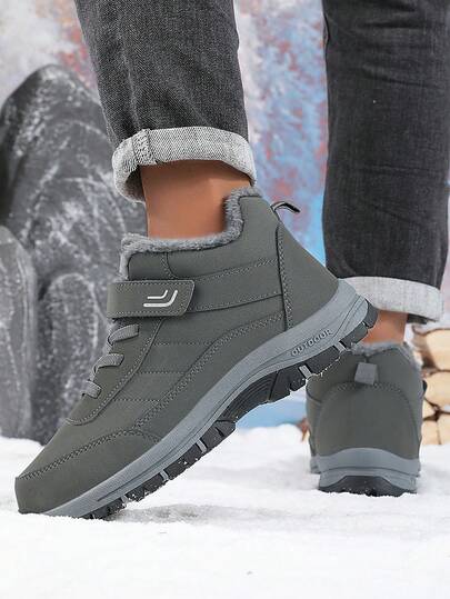 Men's Winter Snow Boots, Gray Waterproof Outdoor Shoes With Faux Fur Lining & Non-Slip Sole, Thermal Insulated Ankle Boots For Cold Weather, Warm Hiking Gift For Him​