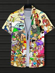 [Short Sleeve] Men'S 3D Digital Print Summer Short Sleeve Shirt With Cartoon Character Pattern, Button-Up Collar, Regular Fit, Fashionable Sporty Casual Beach Style For Casual Attire, Machine Washable Breathable Fabric, Plus Size, PLUS SIZE - 彩色 - 查看 6