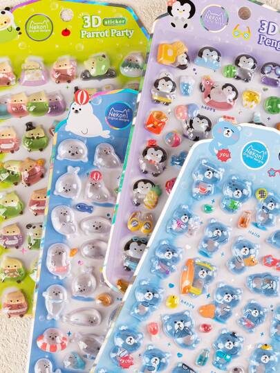 这些透明防水的水晶环氧树脂3D贴纸是送给孩子的完美礼物。贴纸图案包括企鹅、蓝熊和海豹，采用浮雕工艺，非常适合DIY手机壳装饰，也是水瓶、玩具、冰箱和手机等物品的可爱趣味装饰贴纸。